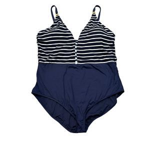 La Blanca Capri Plunge Neck One-Piece Swimsuit in Indigo Size 22W